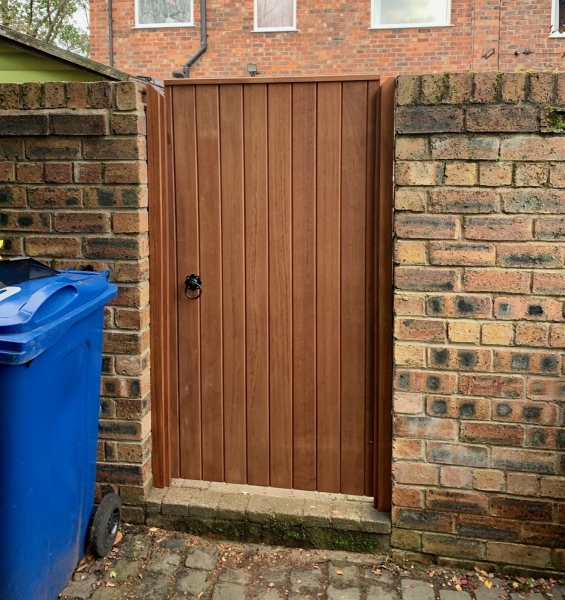 Small hard wood gate, fitted Warrington.